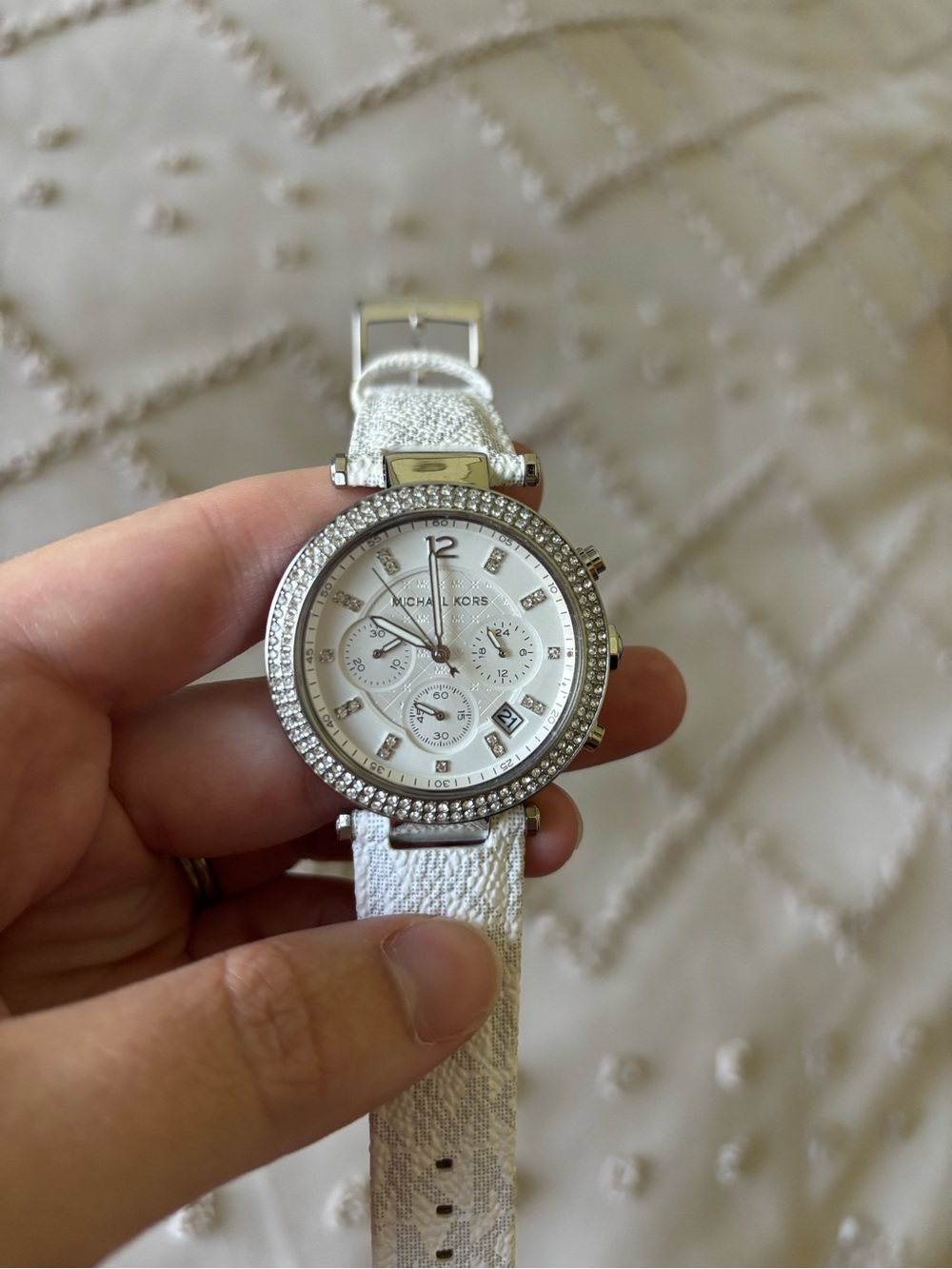 Michael Kors Silver and White Crystal-Accent Chronograph Watch